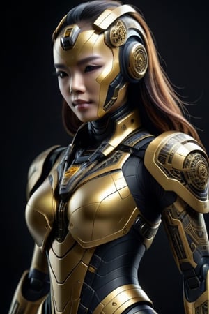 create a mecha female cyborg, gold and black concept, hi tech design , the design armor was based on Malaysian kerawang batik motifs, matte titanium , the mask fully hi tech concept with some Malaysian batik embossed pattern, dramatic mood , wear a scarf at neck zone, cinematic , dramatic shadow , intricate, intricate details, ultra HDR, beautifully shot, hyperrealistic, sharp focus, 64 megapixels, perfect composition, high contrast, cinematic, atmospheric, moody