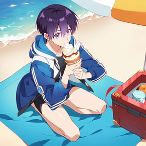 score_9, score_8_up, score_7_up, masterpiece, best quality, best aesthetic,solo,male focus,yuuki_izumi,17 year old,shiny dark purple hair with long fringes parting between his eyes and purple eyes,slim figure,jacket open,swim trunk, full body,beach,eating icecream