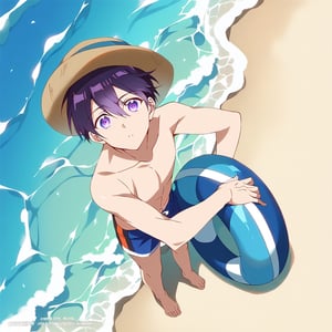 score_9, score_8_up, score_7_up, masterpiece, best quality, best aesthetic,solo,male focus,yuuki_izumi,18 year old,shiny dark purple hair with long fringes parting between his eyes and purple eyes,slim figure,hat,swim trunk, full body,beach,:),