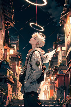 a boy remisnicing of the past, white hair, pale skin, nice clothes, baggy, vintage, night, looking up, night_sky, angel_halo,halo,Holy light,anime boy