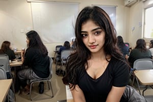 beautiful cute young attractive indian teenage girl, Village girl, 18 years old, cute, Instagram model, long black_hair, colorful hair, warm, dacing, in college  in class room sit at branch, dress color: white ,indian, 