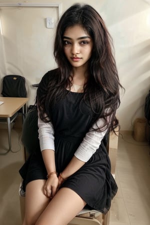 beautiful cute young attractive indian teenage girl, Village girl, 18 years old, cute, Instagram model, long black_hair, colorful hair, warm, dacing, in college  in class room sit at branch, dress color: white ,indian, 