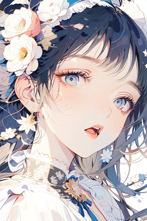 masterpiece, best quality, sharp focus,an anime drawing of a woman wearing a flower headband floating in clouds, 1girl, solo, long hair, dress, flower, black hair, hair flower, blue eyes, very long hair, hair ornament, star (symbol), looking at viewer, open mouth, frills