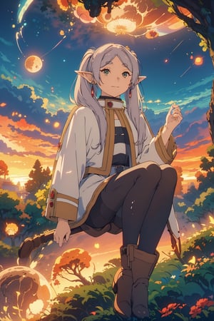 ((medium shot)), , Highly detailed, high quality, masterpiece, beatiful, intricate details, cinematic lighting , expressive eyes, perfect face, face looking at viewer, full body, pikkyfrieren, (slightly smiling with closed mouth), (frieren, green eyes, grey hair, parted bangs, long hair, twintails, pointy ears, dangle earrings, black pantyhose, brown boots ),(anti-gravity in the air), ((holding a small black hole)), forests, ((afternoon)), (sunset)) ,1girl