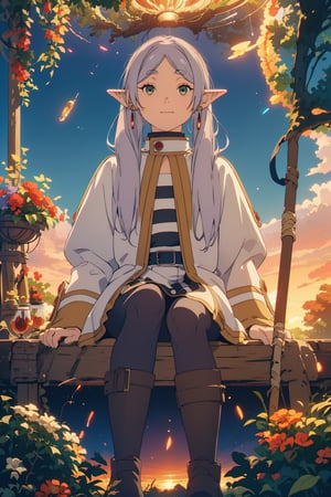 ((medium shot)), , Highly detailed, high quality, masterpiece, beatiful, intricate details, cinematic lighting , expressive eyes, perfect face, face looking at viewer, sitting in magic broom, full body, pikkyfrieren, (slightly smiling with closed mouth), (frieren, green eyes, grey hair, parted bangs, long hair, twintails, pointy ears, dangle earrings, black pantyhose, brown boots ),(anti-gravity in the air), ((holding a small black hole)), forests, ((afternoon)), (sunset)) ,1girl