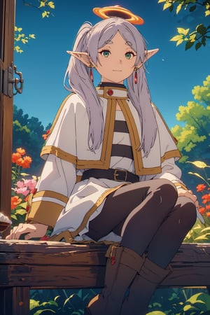 ((medium shot)), , Highly detailed, high quality, masterpiece, beatiful, intricate details, cinematic lighting , expressive eyes, perfect face, face looking at viewer, full body, pikkyfrieren, (slightly smiling with closed mouth), (frieren, green eyes, grey hair, parted bangs, long hair, twintails, pointy ears, dangle earrings, black pantyhose, brown boots ),(anti-gravity in the air), ((holding a small black hole)), forests 