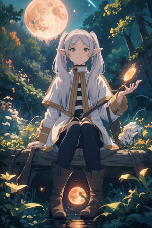 ((medium shot)), , Highly detailed, high quality, masterpiece, beatiful, intricate details, cinematic lighting , expressive eyes, perfect face, face looking at viewer, flying, sitting in a magic broom, full body, pikkyfrieren, (slightly smiling with closed mouth), (frieren, green eyes, grey hair, parted bangs, long hair, twintails, pointy ears, dangle earrings, black pantyhose, brown boots ),(anti-gravity in the air), ((holding a small black hole)), forests, ((night)), (fullmoon)), (stars)