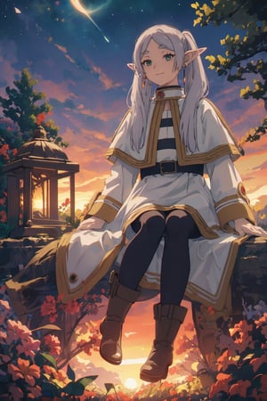 ((medium shot)), , Highly detailed, high quality, masterpiece, beatiful, intricate details, cinematic lighting , expressive eyes, perfect face, face looking at viewer, flying, sitting in a magic broom, full body, pikkyfrieren, (slightly smiling with closed mouth), (frieren, green eyes, grey hair, parted bangs, long hair, twintails, pointy ears, dangle earrings, black pantyhose, brown boots ),(anti-gravity in the air), ((holding a small black hole)), forests, ((afternoon)), (sunset)), (golden-hour)
