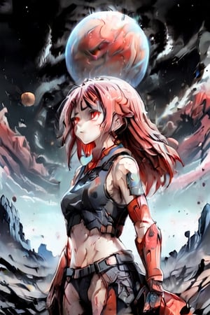 woman looking at the horizon with torn shirt, black sky background with red planet, manga style,ULTIMATE LOGO MAKER [XL]