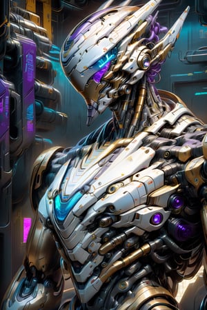 A close-up of a robot wearing a helmet, cyberpunk art by Android Jones, cgsociety, computer art, intricate detail, vibrant colors, neon lighting, futuristic design, high-tech textures, and a metallic finish. The image features a dynamic camera angle with dramatic lighting creating depth and highlighting the robot's detailed surfaces. The color palette includes vivid blues, purples, and greens, contributing to the overall mood of a high-tech, cyberpunk future.