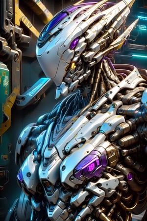 A close-up of a robot wearing a helmet, cyberpunk art by Android Jones, cgsociety, computer art, intricate detail, vibrant colors, neon lighting, futuristic design, high-tech textures, and a metallic finish. The image features a dynamic camera angle with dramatic lighting creating depth and highlighting the robot's detailed surfaces. The color palette includes vivid blues, purples, and greens, contributing to the overall mood of a high-tech, cyberpunk future. Extremely Realistic, Hyper Detailed, Cinematic Lighting Photography capturing every intricate detail, shot on nvidia rtx for realism, showcasing super-resolution and rendered in Unreal 5. Enhanced with subsurface scattering and PBR texturing for a lifelike appearance.