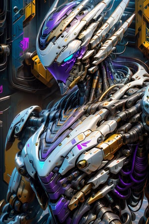 A close-up of a robot wearing a helmet, cyberpunk art by Android Jones, cgsociety, computer art, intricate detail, vibrant colors, neon lighting, futuristic design, high-tech textures, and a metallic finish. The image features a dynamic camera angle with dramatic lighting creating depth and highlighting the robot's detailed surfaces. The color palette includes vivid blues, purples, and greens, contributing to the overall mood of a high-tech, cyberpunk future.