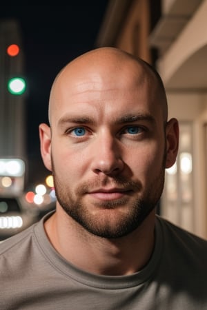 Portrait of white man in midtwenties, conventionally attractive, bald, short brown beard, nighttime, 1_guys, blueeyes 