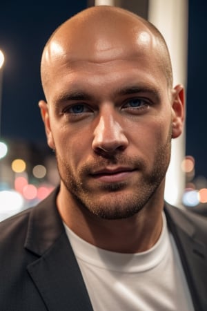 Portrait of white man in late twenties, conventionally attractive, bald, light brown beard, nighttime, 1_guys, blueeyes 