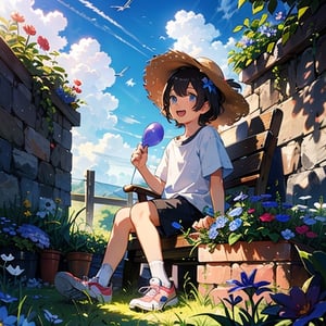 1girl, smile, short hair, open mouth, bangs, blue eyes, blonde hair, shirt, black hair, hair ornament, 1boy, hat, ribbon, sitting, white shirt, flower, short sleeves, :d, outdoors, lying, sky, shoes, shorts, teeth, day, socks, cloud, blue sky, bird, upper teeth only, white footwear, grass, looking up, sneakers, child, pink flower, blue flower, head rest, straw hat, male child, balloon