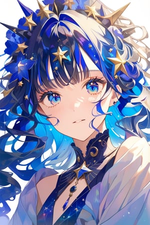 A close-up portrait of a girl with striking features, starring directly into the viewer's eyes. Her long, multicolored hair cascades down her back, adorned with a sparkly blue hair ornament shaped like a star. Bangs frame her blushing face, where piercing blue eyes seem to shine from within. The irises are a mesmerizing swirl of colors, with star-shaped pupils adding an otherworldly touch. A matching star symbol is subtly embedded in her hair accessory, reflecting the celestial beauty that surrounds her.