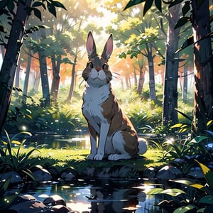 A warm sun shines down on a serene outdoor setting, where a gentle rabbit stands amidst a lush green forest, its eyes fixed on a juicy piece of fruit perched atop a sturdy tree branch. The rabbit's mouth is slightly agape, as if savoring the sweet aroma wafting from the fruit. Leaves rustle softly in the breeze, casting dappled shadows on the forest floor.