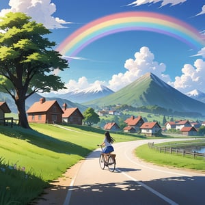 1girl, solo, long hair, skirt, shirt, black hair, white shirt, short sleeves, outdoors, sky, day, cloud, bag, tree, blue sky, blue skirt, cloudy sky, grass, ground vehicle, scenery, mountain, road, house, wide shot, rainbow, bicycle, hill, bicycle basket