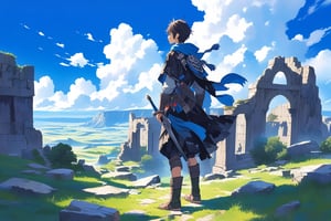 A young boy stands proudly, his sword strapped to his back, amidst the ancient ruins. The bright blue sky above is dotted with fluffy white clouds, a stark contrast to the weathered stone beneath his feet. Grass and rock formations stretch out before him, as he gazes out at the landscape from behind a rugged outcropping.