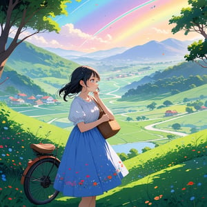 A carefree girl with long, black hair and a bright white shirt with short sleeves stands proudly amidst the lush greenery of a mountainous landscape. Her blue skirt flows in the gentle breeze as she gazes out at the breathtaking view: a vibrant blue sky dotted with fluffy clouds and a hint of a rainbow arcing across the horizon. In her hand, she holds a colorful bag slung over her shoulder, while a bicycle leans against the trunk of a sturdy tree. The sound of birds chirping and leaves rustling fills the air as she stands at the edge of a winding road that disappears into the distance, surrounded by scenic hills and a charming house nestled in the landscape.