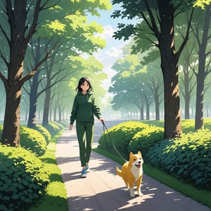 A young woman with short, black hair and long sleeves walks outdoors on a sunny day. She's wearing green pants, blue sneakers, and a hoodie with the hood down. Her hand holds a leash as she strolls alongside her furry companion, a dog on a cloudy sky-filled backdrop featuring a tree-lined road, bush, and distant house or building.