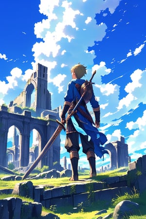 1boy, standing, weapon, outdoors, sky, day, sword, cloud, from behind, blue sky, grass, rock, ruins, weapon on back