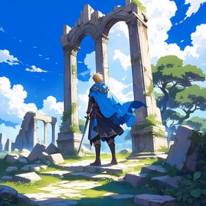 A young hero stands victorious, sword at ease on his shoulder, amidst ancient ruins cloaked in lush greenery and weathered stones. A brilliant blue sky with a few wispy clouds provides the perfect backdrop as our protagonist's strong stance is framed from behind, eyes fixed on the horizon, ready to embark on a thrilling quest.