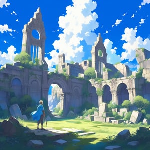 A boy stands tall, sword slung over his shoulder, amidst ancient ruins overgrown with grass and moss-covered rocks. The bright blue sky above is dotted with a few wispy clouds. The scene is captured from behind, framing the boy's strong stance as he gazes off into the distance, ready for adventure.