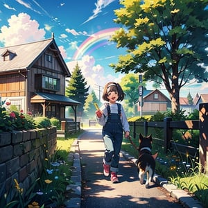1girl, smile, short hair, open mouth, bangs, black hair, long sleeves, holding, brown eyes, standing, flower, hairband, outdoors, sky, shoes, day, tongue, striped, cloud, bag, tree, blue sky, bell, animal, watermark, cat, grass, building, child, dog, pink footwear, female child, road, bush, overalls, balloon, house, rainbow, lamppost, path