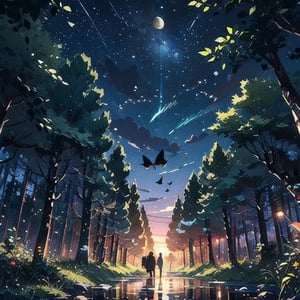 A serene nighttime scene: a girl with long brown hair and black hakama standing under a tree, looking at a boy with a ponytail wearing a white collared shirt and pants. The air is filled with the soft glow of fireflies and a bright full moon shining through the starry sky. In the distance, a boy's backpack and bag sit by the water's edge, surrounded by nature's peaceful ambiance: a butterfly perched on a leaf, a bug hovering near the ground. The lighting is warm and gentle, with long shadows cast across the forest floor.