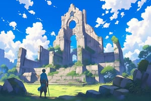 A boy stands tall, sword slung over his shoulder, amidst ancient ruins overgrown with grass and moss-covered rocks. The bright blue sky above is dotted with a few wispy clouds. The scene is captured from behind, framing the boy's strong stance as he gazes off into the distance, ready for adventure.