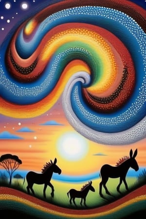 A multi-coloured "DONKEY SHAPE " ABORIGINAL DOT PAINTING style in the sky,  "CURL WAVY STYLE".