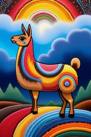 A multi-coloured "LLAMA SHAPE " ABORIGINAL DOT PAINTING style in the sky,  "CURL WAVY STYLE".
