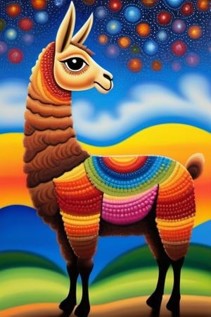 A multi-coloured "LLAMA SHAPE " ABORIGINAL DOT PAINTING style in the sky,  "CURL WAVY STYLE  COMING OUT".