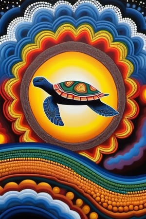 A multi-coloured "TURTLE SHAPE SUN" ABORIGINAL DOT PAINTING style in the sky,  "CURL WAVY STYLE  COMING OUT".