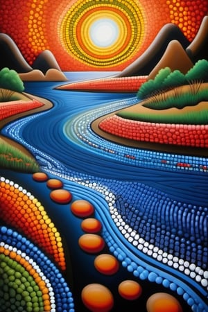 ABSTRACT DOT PAINTING DESIGN ABORIGINAL RIVER AND OTHER SHAPES ON THE SIDE OF THE RIVER STYLE