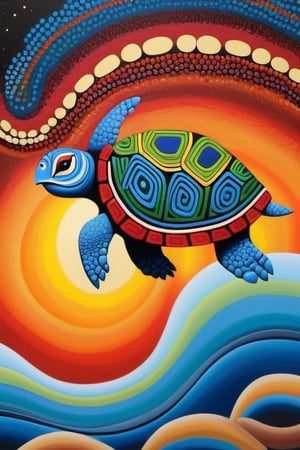 A multi-coloured "TURTLE SHAPE SUN" ABORIGINAL DOT PAINTING style in the sky,  "CURL WAVY STYLE  COMING OUT".