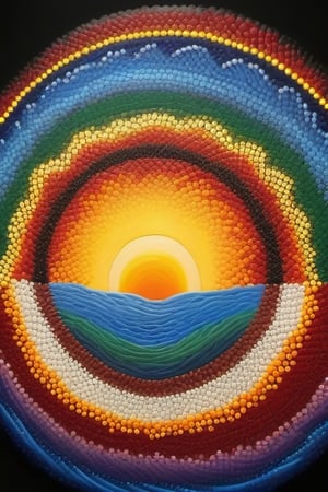 A multi-coloured "CIRCLE SHAPE SUN" ABORIGINAL DOT PAINTING style in the sky,  "CURL WAVY STYLE  COMING OUT".