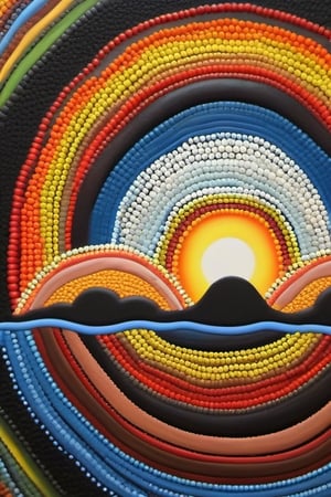 A multi-coloured "CIRCLE SHAPE SUN" ABORIGINAL DOT PAINTING style in the sky,  "CURL WAVY STYLE  COMING OUT".
