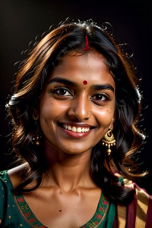 (close-up, editorial photograph of a 25 year old Indian woman), (highly detailed face:1.4) (smile:0.7) (background inside dark, moody, private study:1.3) POV, nikon d850, film stock photograph ,4 kodak portra 400 ,camera f1.6 lens ,rich colors ,hyper realistic ,lifelike texture, dramatic lighting , cinestill 800,