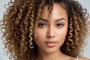 a beautiful mix race woman with curly hairs, close up portrait, realistic, body portrait