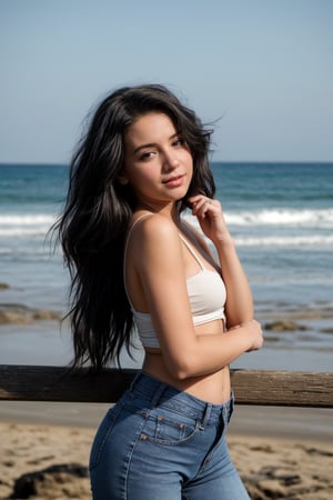 A photorealistic portrait of an 18-year-old sexy girl with captivating beauty, her hair styled sexily and dyed a mesmerizing black, dressed in a sexy top and jeans that highlight her natural beauty. The background should depict a beach. The girl's expression should be one of peace and contentment, showcasing her enjoyment of the moment.

,SD 1.5