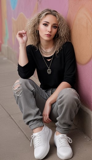French girl,grey blonde hair(very long hair, curly_hair),hiphop dancer,wearing all black clothes (short sleeves loose fit top and cargo pants),sneakers, sitting at red brick wall(graffiti ),accessories(necklace,ear_rings),Best Quality, 32k, photorealistic, ultra-detailed, finely detailed, high resolution, perfect dynamic composition, beautiful detailed eyes, sharp-focus, cowboy_shot, 