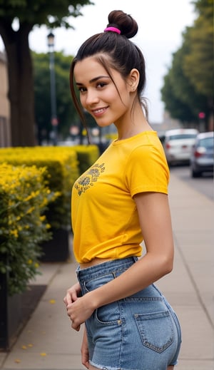 masterpiece, best quality, 1girl, solo,  ponytail, t-shirt, head to waist bodyshot, happy, outdoors, street, lamppost, hair bow, (pretty girl:1.2), realistic, raw photo, low key, illustration, small eyes, (yellow brown hair:1.3),photorealistic, 21 years old female, ,HKFace,watch