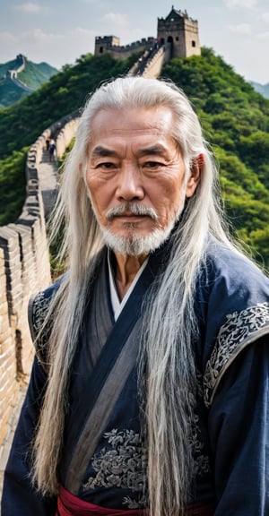 Solo, long hair, facing the camera, looking at the camera, 1boy, whole body, white hair, beard, Chinese old man, 70 years old, fairy-like, with the Great Wall in the