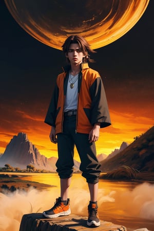 1boy, solo, yoh asakura, oil painting, impasto, looking at viewer, a handsome teenager boy, 16 years old, long brown hair, light_brown eyes, tribal necklace, urban outfit, baggy outfit, multicolor outfit, orange t-shirt, black jacket, psychedelic  landscape background, masterpiece, nijistyle, niji, ,sciamano240, soft shading, fantasy, yoh asakura