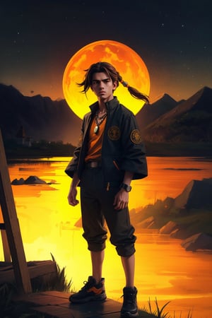 1boy, solo, yoh asakura, oil painting, impasto, looking at viewer, a handsome teenager boy, 16 years old, long brown hair, light_brown eyes, tribal necklace, urban outfit, baggy outfit, multicolor outfit, orange t-shirt, black jacket, psychedelic  landscape background, masterpiece, nijistyle, niji, ,sciamano240, soft shading, fantasy, yoh asakura