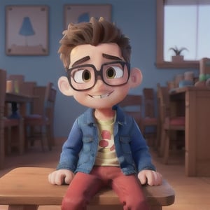 Young boy wear blue jacket and red jeans in 3d animation style ,glasses is sitting on chair