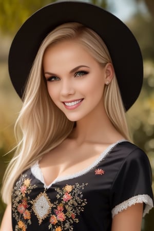 1girl, Beautiful young woman, blonde, smiling, (in beautiful Ukrainian national costume embroidery ornament black, whitet cap sunny day, botanical garden, realistic