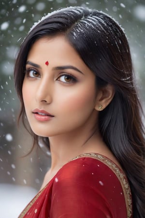 a young woman, cute, 36 years old,indian girl, staring into space, black hair, brown eyes, red  saree snowing, realistic, realistic skin texture,Indian Model